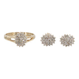 14k Yellow Gold Cluster Diamond Ring and Earrings Jewelry Set