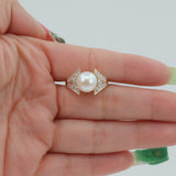 14k Vintage Estate Yellow Gold Pearl and Single-cut Diamonds Cocktail Ring