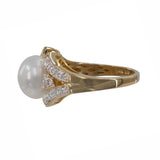 14k Vintage Estate Yellow Gold Pearl and Single-cut Diamonds Cocktail Ring