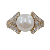 14k Vintage Estate Yellow Gold Pearl and Single-cut Diamonds Cocktail Ring