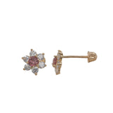 14k Yellow Gold Pink and White Stone Floral Stud Earrings