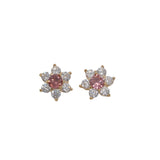 14k Yellow Gold Pink and White Stone Floral Stud Earrings