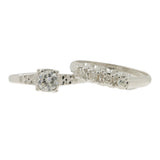 Anillo de compromiso y alianza de boda con diamantes de talla mina antigua en oro blanco de 14 quilates