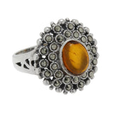925 Sterling Silver Orange Amber & Marcasite Ring