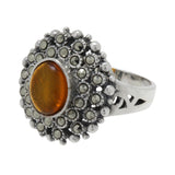925 Sterling Silver Orange Amber & Marcasite Ring