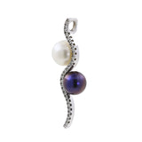 Colgante de oro blanco de 14 quilates con perlas blancas y moradas y diamantes que fluyen S, 1,5 pulgadas
