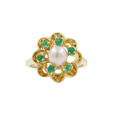 14K Yellow Gold Pearl & Green CZ Halo Floral Ring