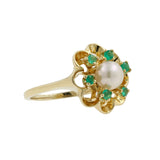 14K Yellow Gold Pearl & Green CZ Halo Floral Ring
