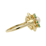 14K Yellow Gold Pearl & Green CZ Halo Floral Ring