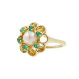 14K Yellow Gold Pearl & Green CZ Halo Floral Ring